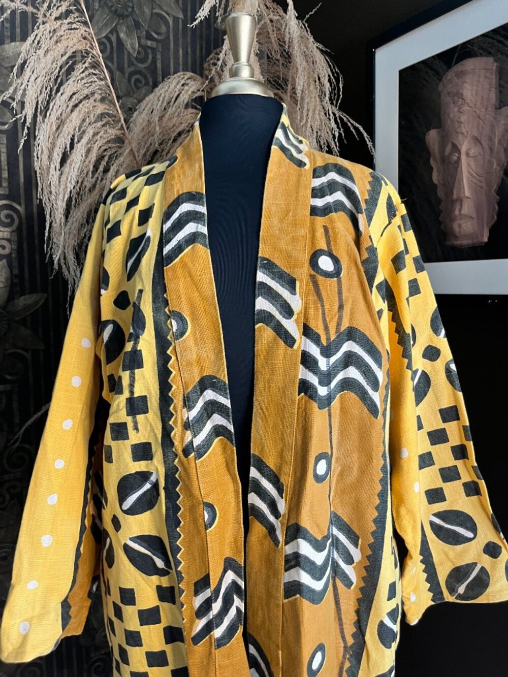yellow and black geometric patterned African mud cloth kimono jacket - Picture 5 of 6
